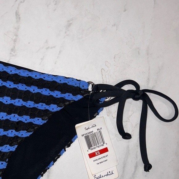 Splendid Avalon Eyelet Crochet String Bikini Bottoms Blue Black Side Tie NEW NWT - Picture 5 of 7